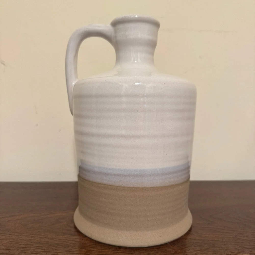 Vintage Two Tone Stoneware Pottery Jug Cream and Tan Glazed Farmhouse Pitcher